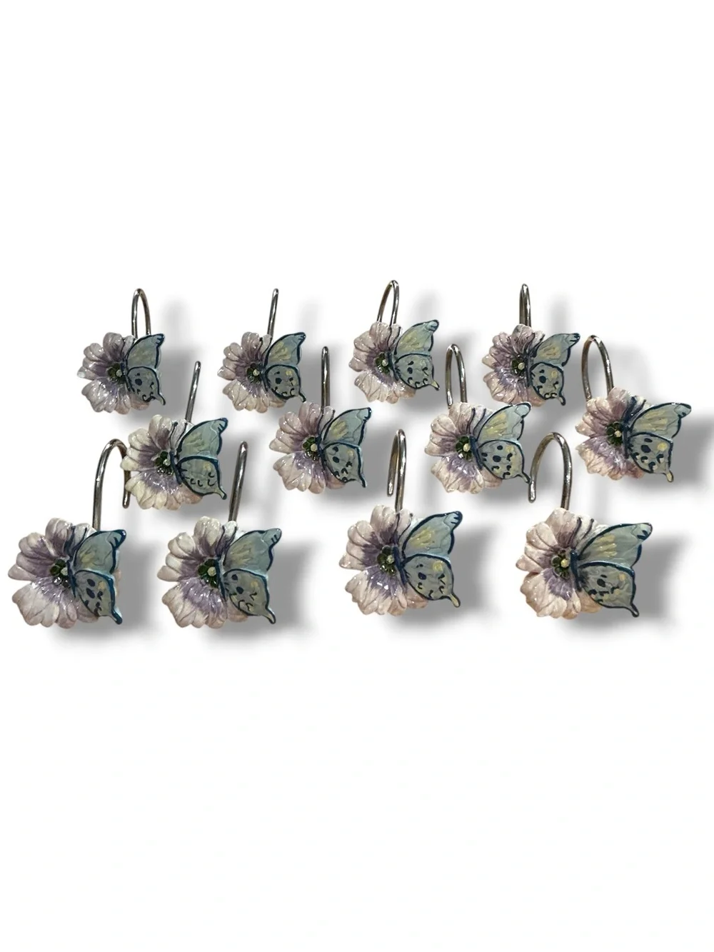 Vintage Butterfly Flower Shower Hooks - Pale Blue & Light Lavender (Set of 12)